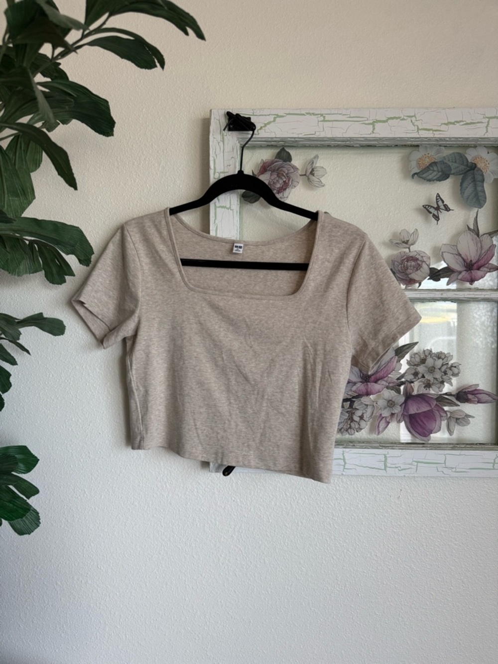 Uniqlo Neutral Beige Square Neck Crop Tee
